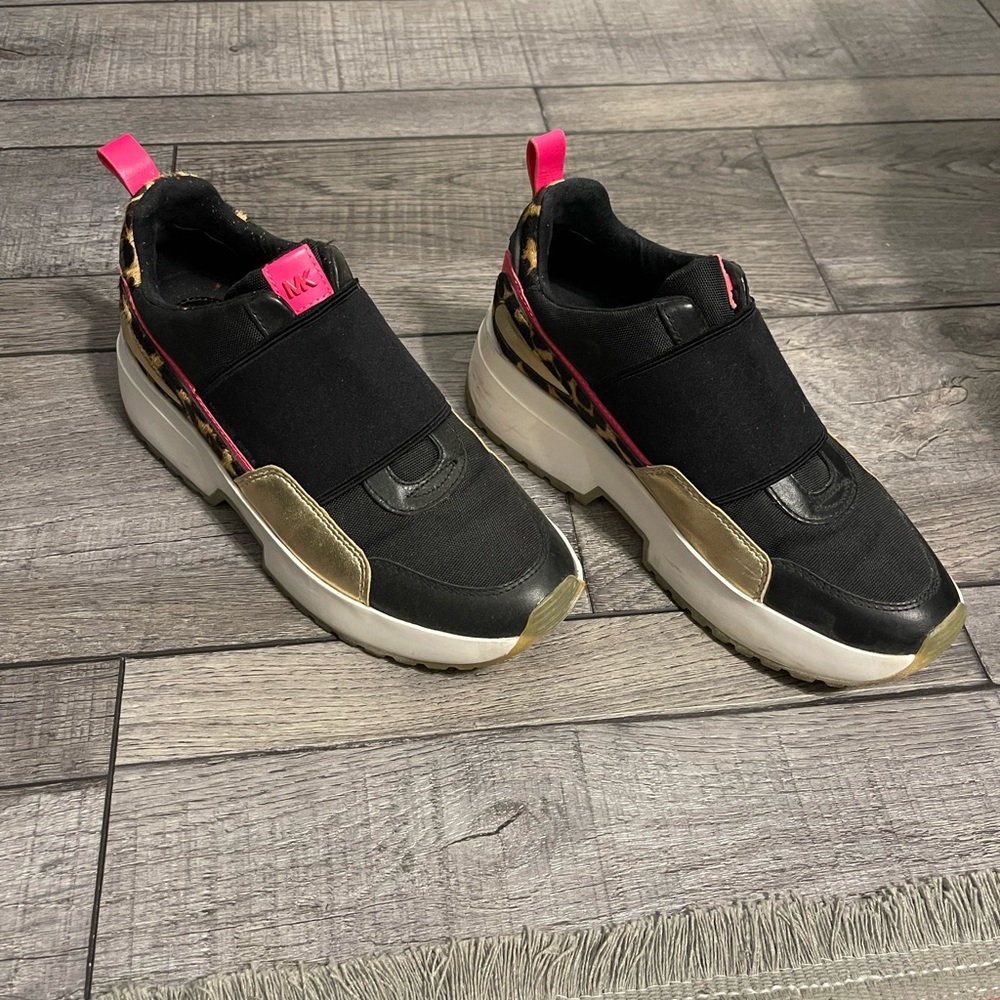 Micahel Kors platform Black & Gold Slip-On Sneakers with Pink & leopard Accents